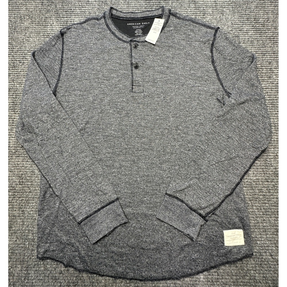 American Eagle Henley Men Medium Gray Super Soft Long Sleeve